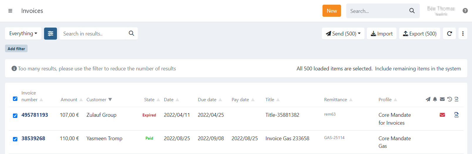 Invoice selection dialogue