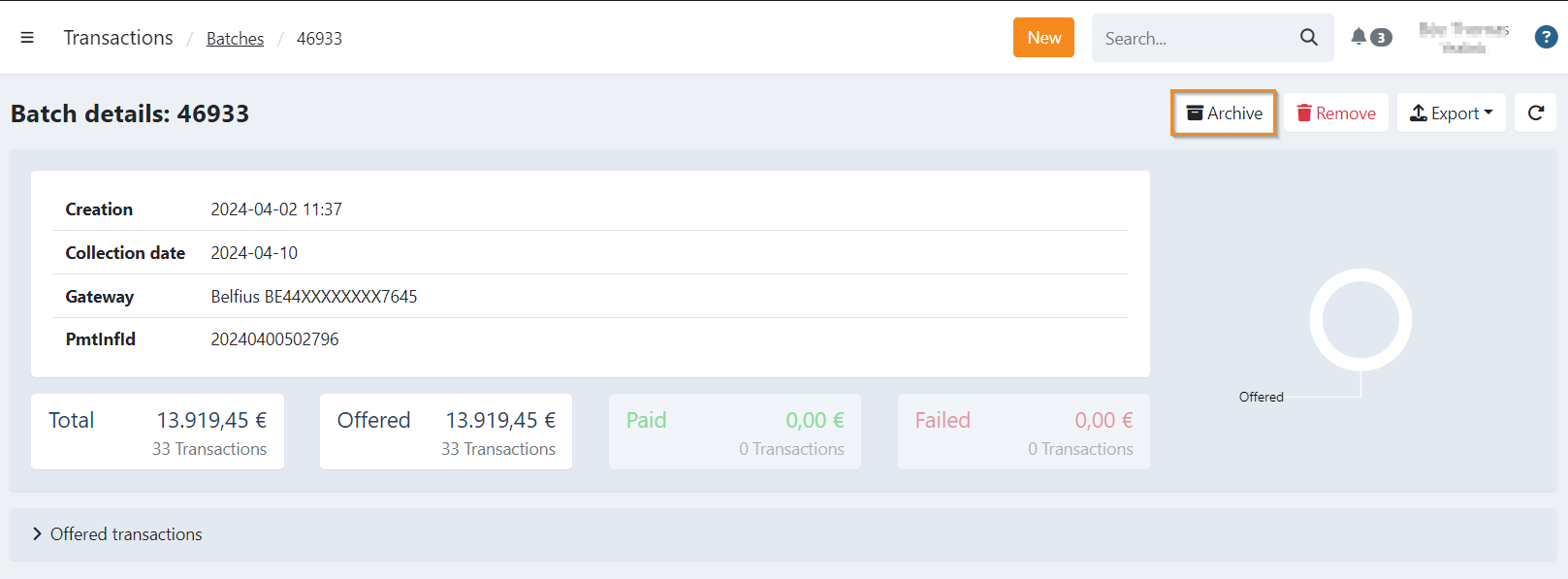 Archive button on batch details